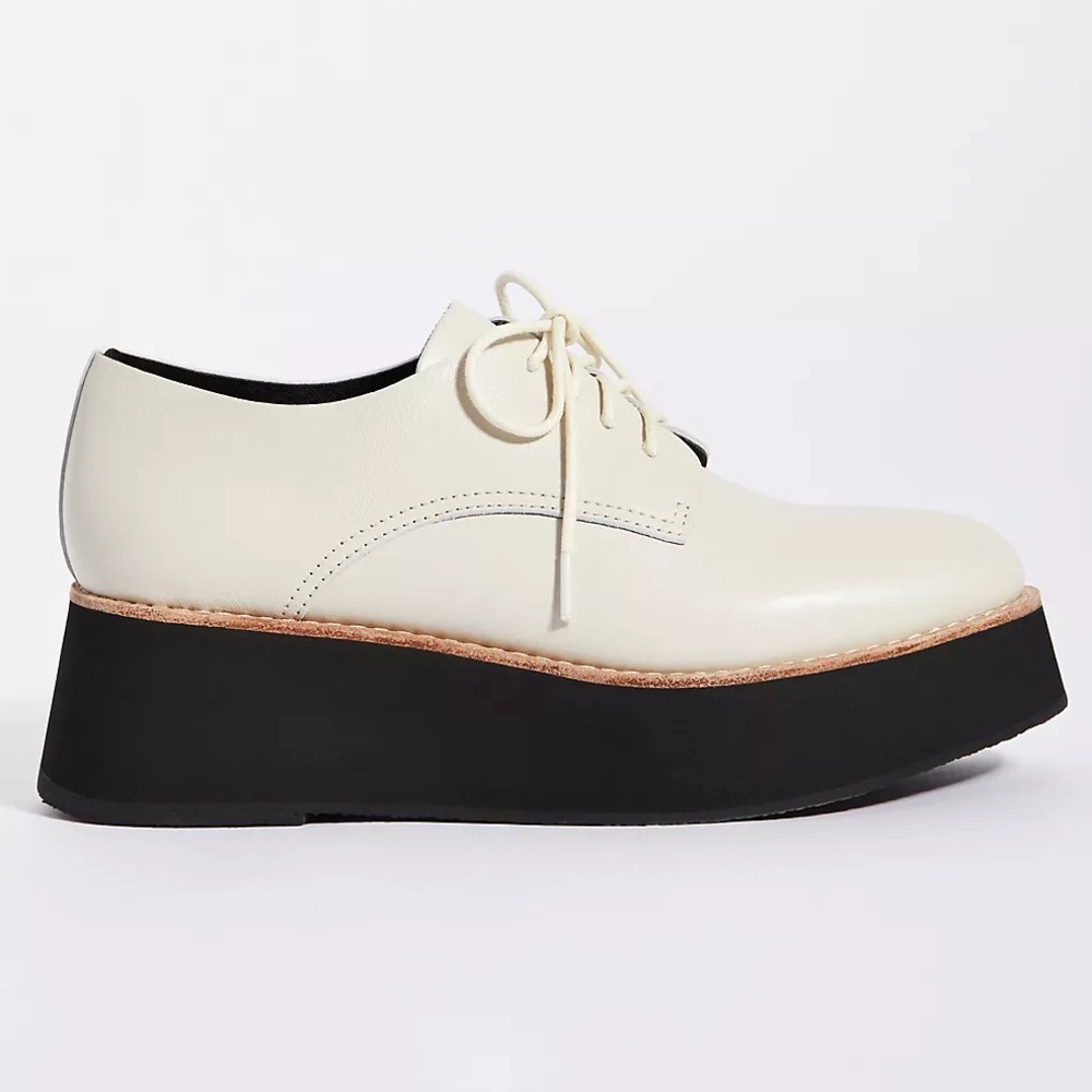 Anthropologie All Black Caroline Off White Lace Up Leather Platform Oxfords 39